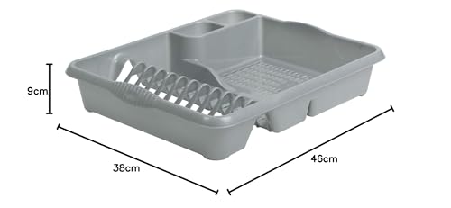Casa Large Dish Drainer (46 x 38 x 9 cm) Dish Drying Rack Kitchen Dish Drainer Cup Holder Strong Plastic Sink Cutlery Drainer Utensil Draining - (Light Grey), 1 Set