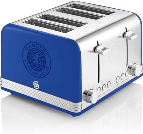 Swan Official Rangers Football Club 4 Slice Retro Toaster, Blue, 1600W, Red Indicator Lights, Defrost and Reheat Settings, Removable Crumb Tray, Cord Storage, Rangers FC Toaster, ST19020RANN