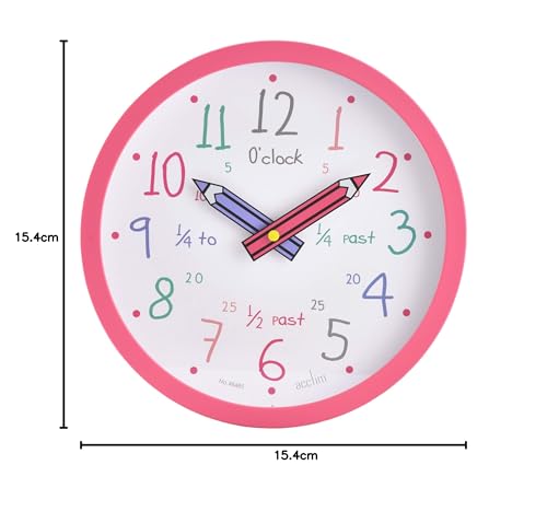 Acctim Alma Teaching Kids Wall Clock Quartz Pencil Hands Quarterly Markers Pink 26cm