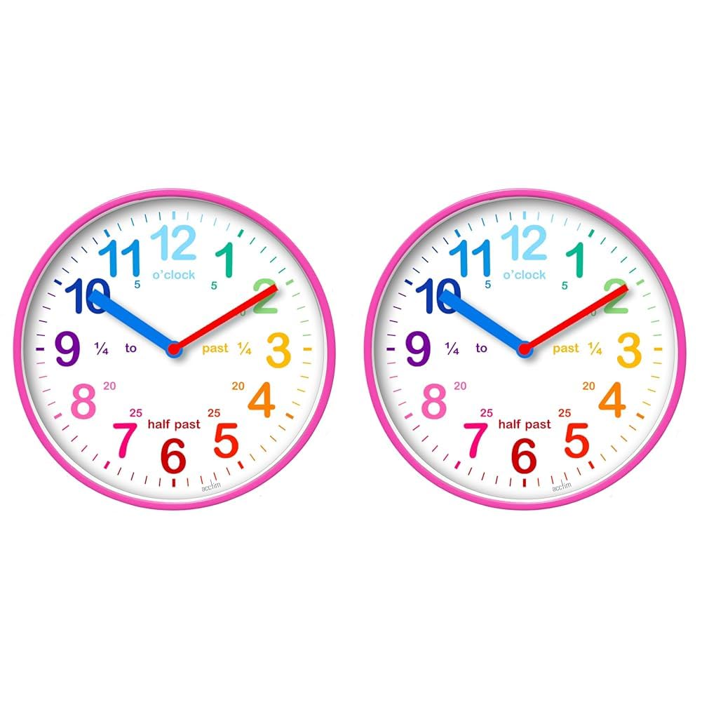 Acctim Wickford Kids Teaching Wall Clock Quartz Rainbow Dial Quarter Markers Pink 20cm 22520