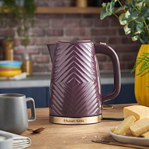 Russell Hobbs Groove Electric 1.7L Cordless Kettle (Fast Boil 3KW, Grey textured plastic with brushed gold accents, Removable washable anti-scale filter, Push to open lid, Perfect pour spout) 26382