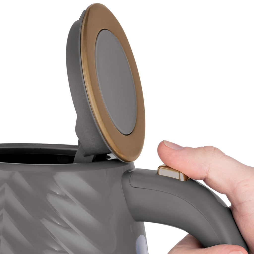 Russell Hobbs Groove Electric 1.7L Cordless Kettle (Fast Boil 3KW, Grey textured plastic with brushed gold accents, Removable washable anti-scale filter, Push to open lid, Perfect pour spout) 26382