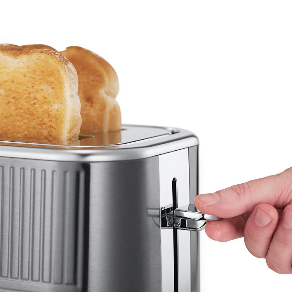 Russell Hobbs 25250 Geo Steel 2 Slice Wide Slot Toaster - Contemporary Design with Faster Toasting Technology, Textured Stainless Steel, Silver
