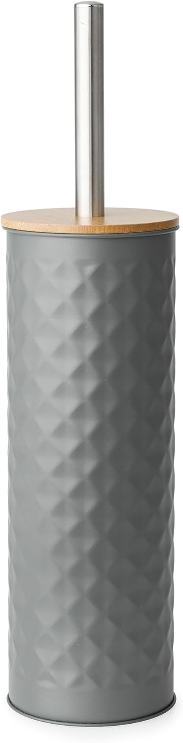 Blue Canyon Toilet Brush & Holder with Bamboo Lid for Bathroom, Flexible Toilet Bowl Stainless Steel Brush Head for Deep Cleaning, Compact Size, Elegant Design with Holder, Grey