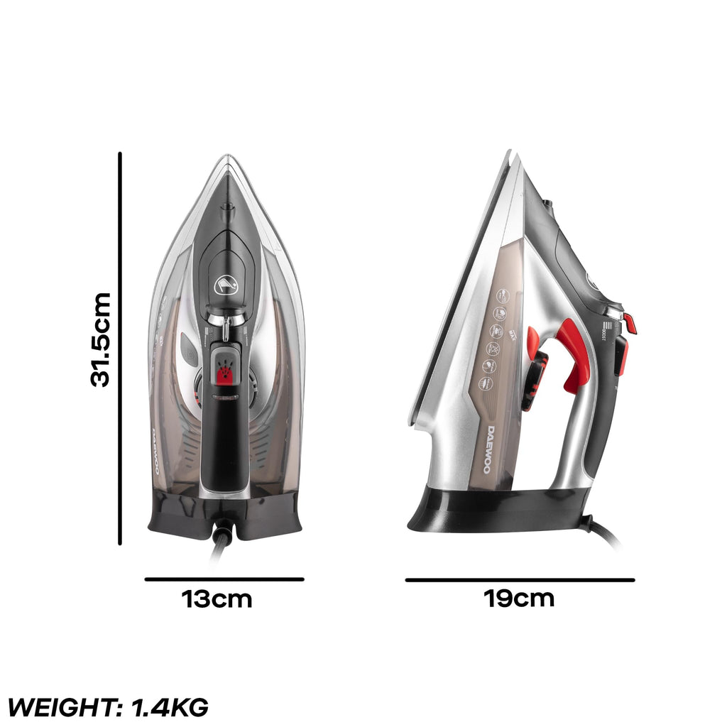 Daewoo Glide Iron, The Ultra Glide, 2600W Steam Iron With Ceramic Soleplate, High Burst Steam And Precision Tip With An Adjustable Temperature Dial And Self Clean Function, Red And Black