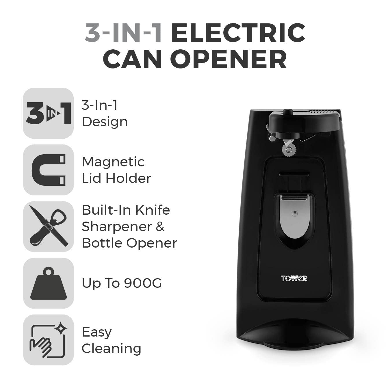 Tower T19007 3-in-1 Electric Can Opener with Knife Sharpener & Bottle Opener, Black