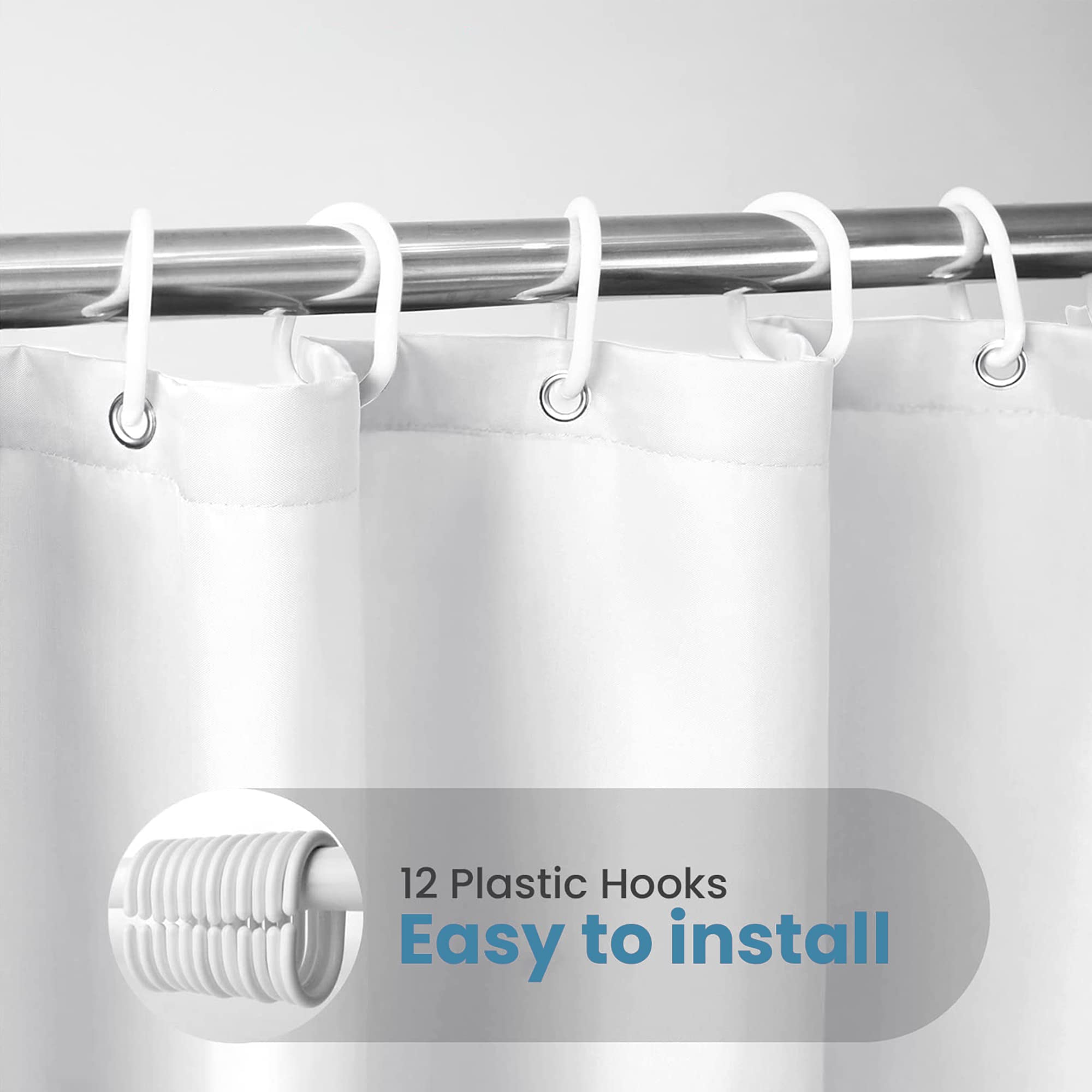 Blue Canyon Extra Long Shower Curtains | 100% Polyester Shower Curtain | Anti-Bacterial Surface Treatment | Water Repellent| Weighted Hem | 180 X 210cm | 12 Reinforced Eyelets with Hooks (White)