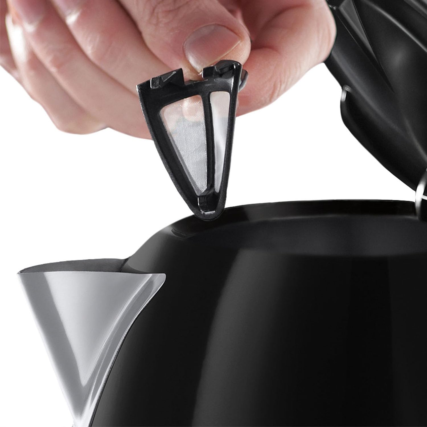 Russell Hobbs Black Stainless Steel 1.7L Cordless Electric Kettle with Black Handle (Fast Boil 3KW, Removable Washable Anti-Scale Filter, Pull to Open hinged lid, Perfect Pour spout) 20413