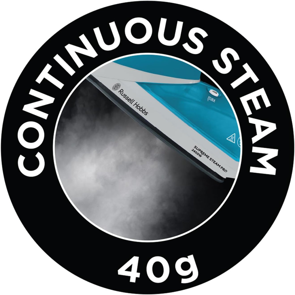 Russell Hobbs Supreme Steam Iron, Powerful Vertical steam Function, Non-Stick Stainless Steel Soleplate, Easy Fill 300ml Water Tank, 110g Steam Shot, 40g Continuous steam, 2m Cord, 2400W, 23040