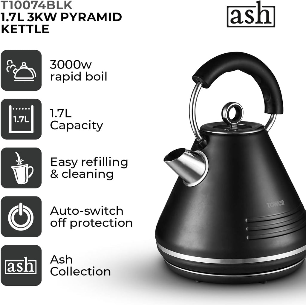 Tower T10074BLK Ash Rapid Boil Pyramid Kettle with Easy Open Lid, Removable Filter, 1.7L, 3KW, Black and Chrome