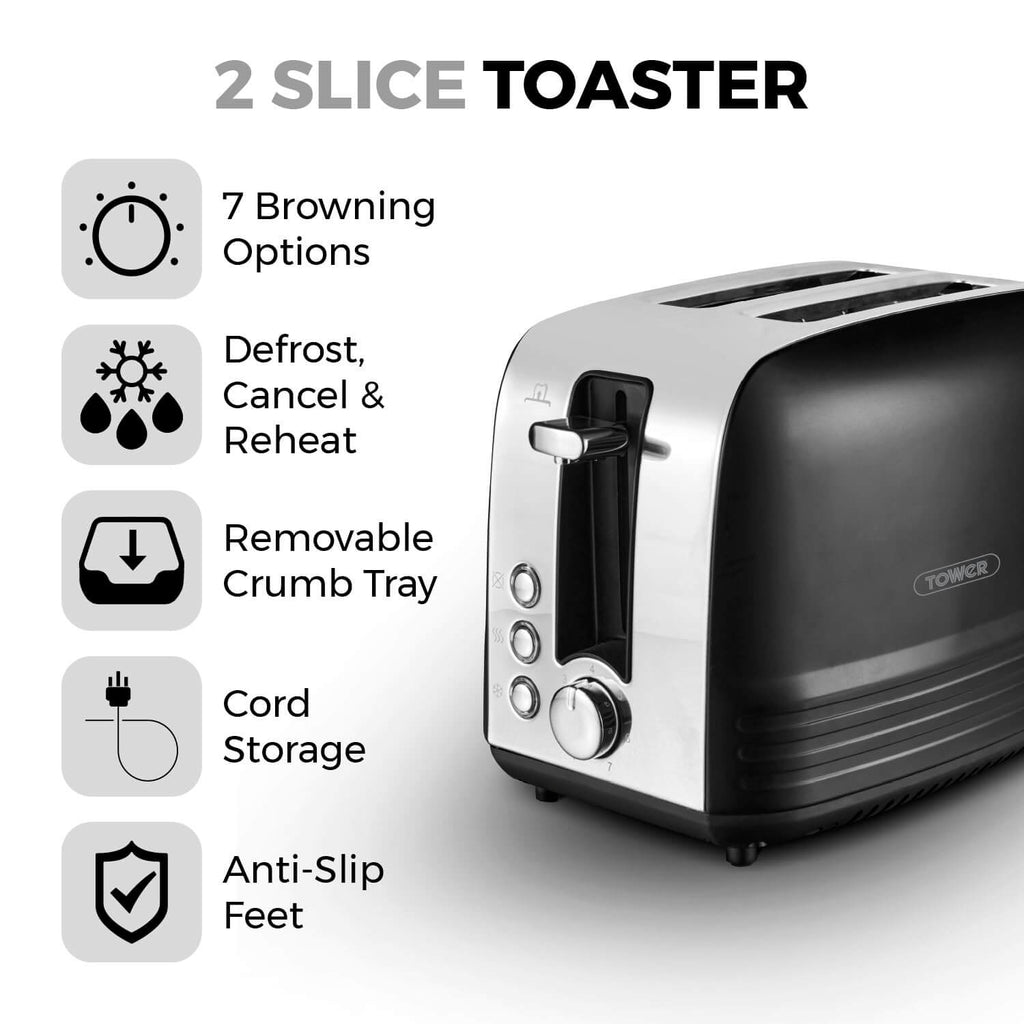 Tower, T20080BLK, Ash 2-Slice Toaster with 7 Browning Levels, Defrost/Reheat/Cancel, 925W, Black & Chrome