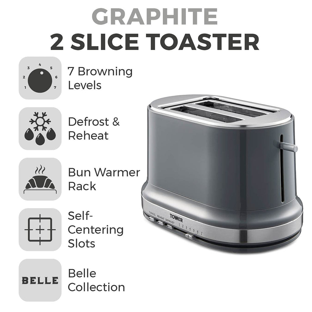 Tower T20043GRP Belle 2-Slice Toaster with 7 Browning Settings, Defrost/Reheat/Cancel, 800 W, Graphite