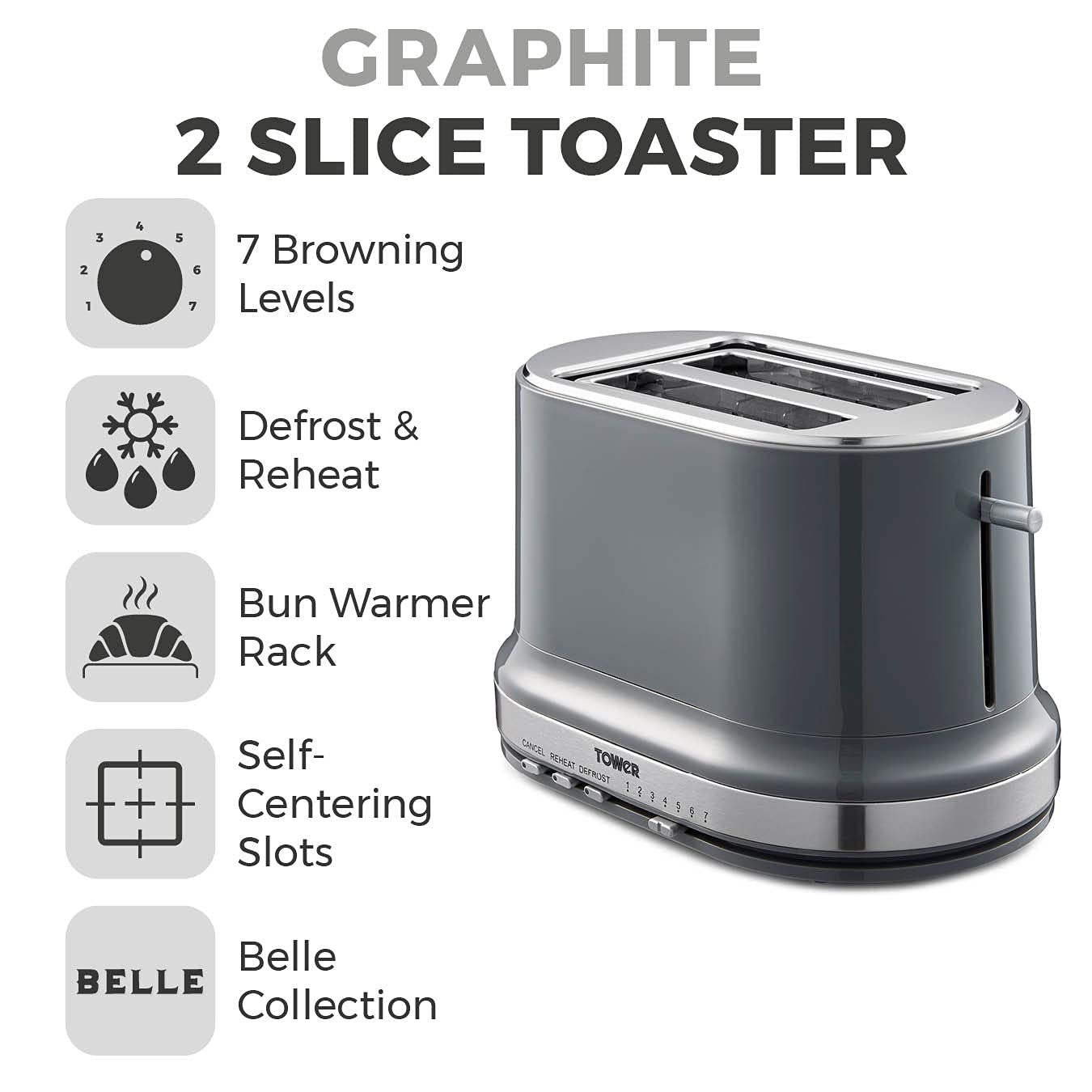 Tower T20043GRP Belle 2-Slice Toaster with 7 Browning Settings, Defrost/Reheat/Cancel, 800 W, Graphite