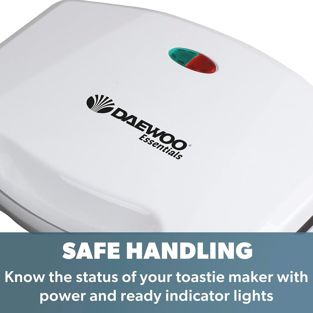 Daewoo Essentials 2 Slice Sandwich Toaster Deep Fill, Non-stick Toasting Plates, Built In Handle With Locking Clip, Indicator Light, Non-slip Feet, Easy To Clean, Portable, Lightweight, Compact, White