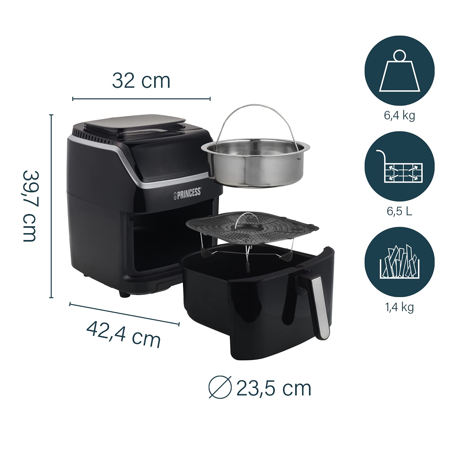 Princess 2-in-1 Steam Oven & Aerofryer - Large volume of 6.5L - 1700 W - Touch screen - 8 pre-programmed programs - Accessories Included, Black (01.182080.02.001)