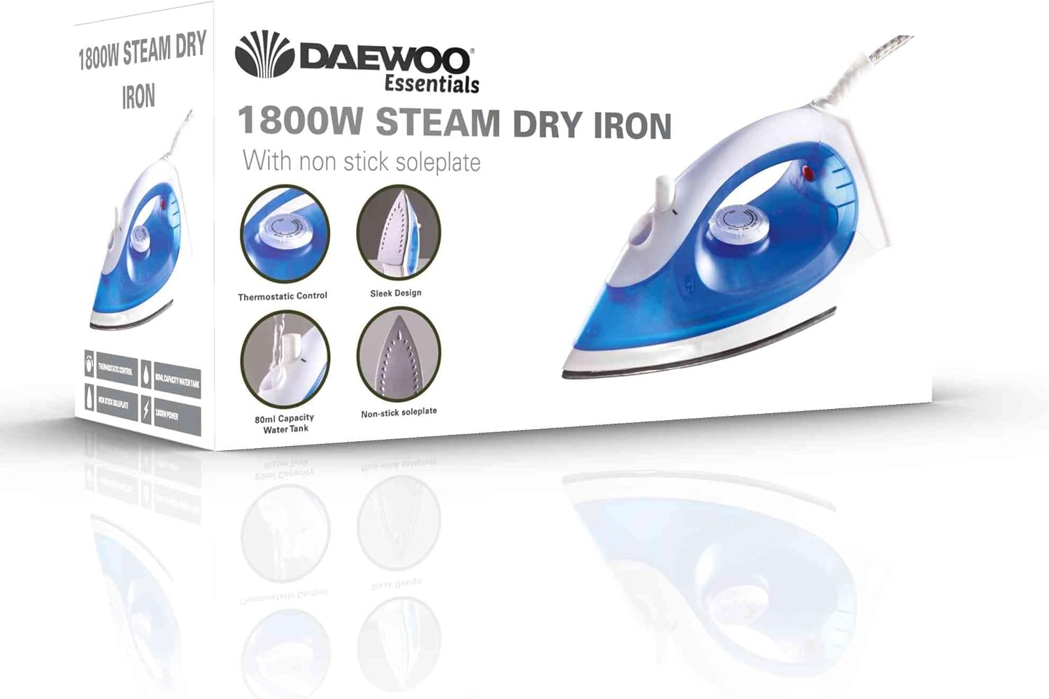 FINE ELEMENTS 1800W Steam Iron, Non Stick Soleplate, Thermostatic Control and 80ml Water Tank Capacity, Dry and Stream Functions