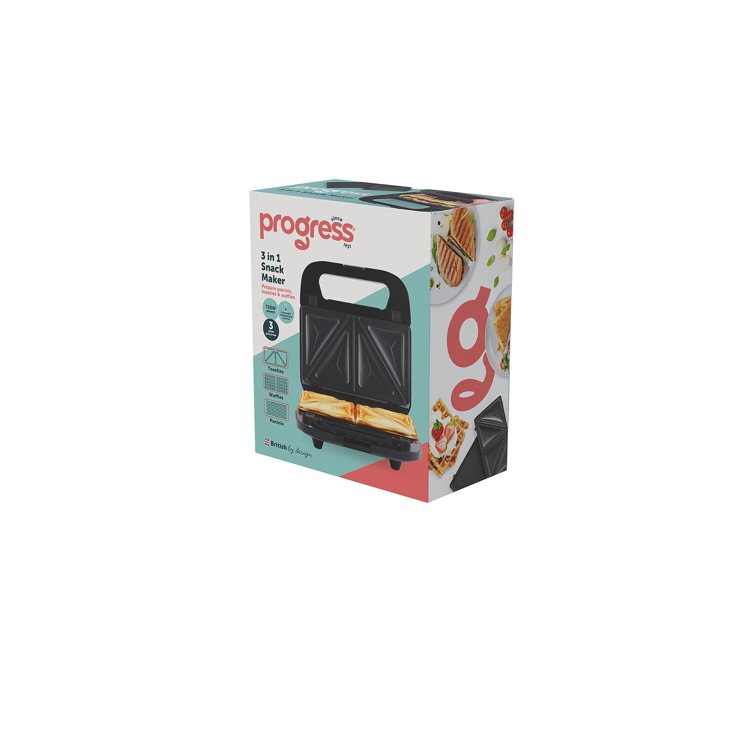 Progress EK5852P Double Waffle Maker – Electric Dessert Maker, Non-Stick Cooking Plates, Belgian/American Waffle Iron, Automatic Temperature Control, Carry Handle, Power/Ready Indicator Lights, 750W