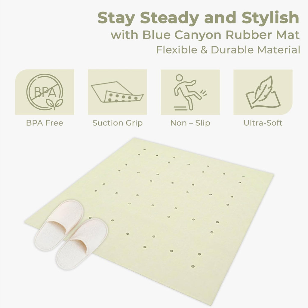 Blue Canyon Nonslip Antibacterial Rubber Shower Mats, Quick Dry Bathmat for Shower with Suction Pads & Drain Holes, Mould Resistant Bathroom Accessory, Durable Bath Rug Runner 53x53 cm – Cream