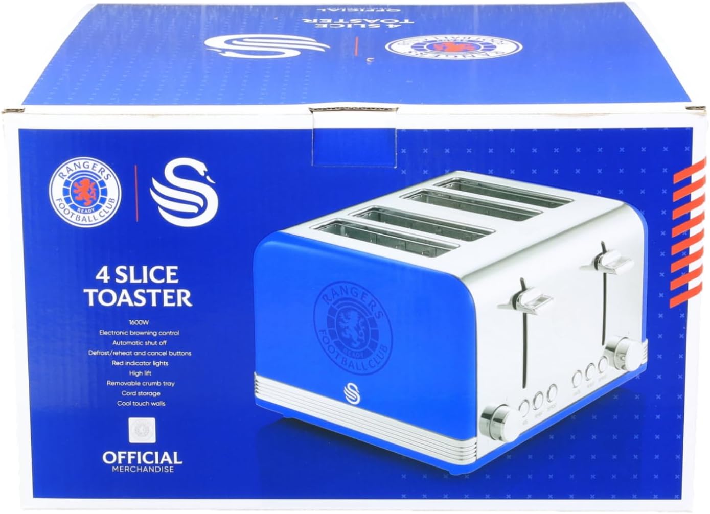 Swan Official Rangers Football Club 4 Slice Retro Toaster, Blue, 1600W, Red Indicator Lights, Defrost and Reheat Settings, Removable Crumb Tray, Cord Storage, Rangers FC Toaster, ST19020RANN