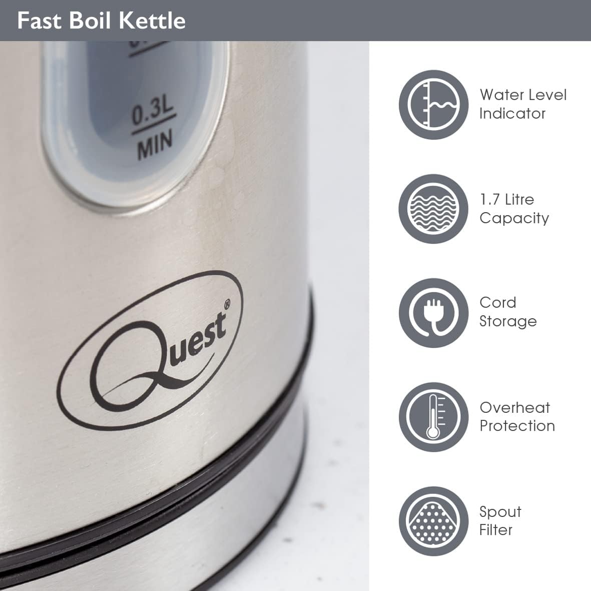 Quest 36890 Fast Boil Glass Kettle / 1.7 Litre Capacity – 7 Cups/Strix Controller/Spout Filter/Overheat Protection/Durable Glass with Water Level Indicators / 3000W