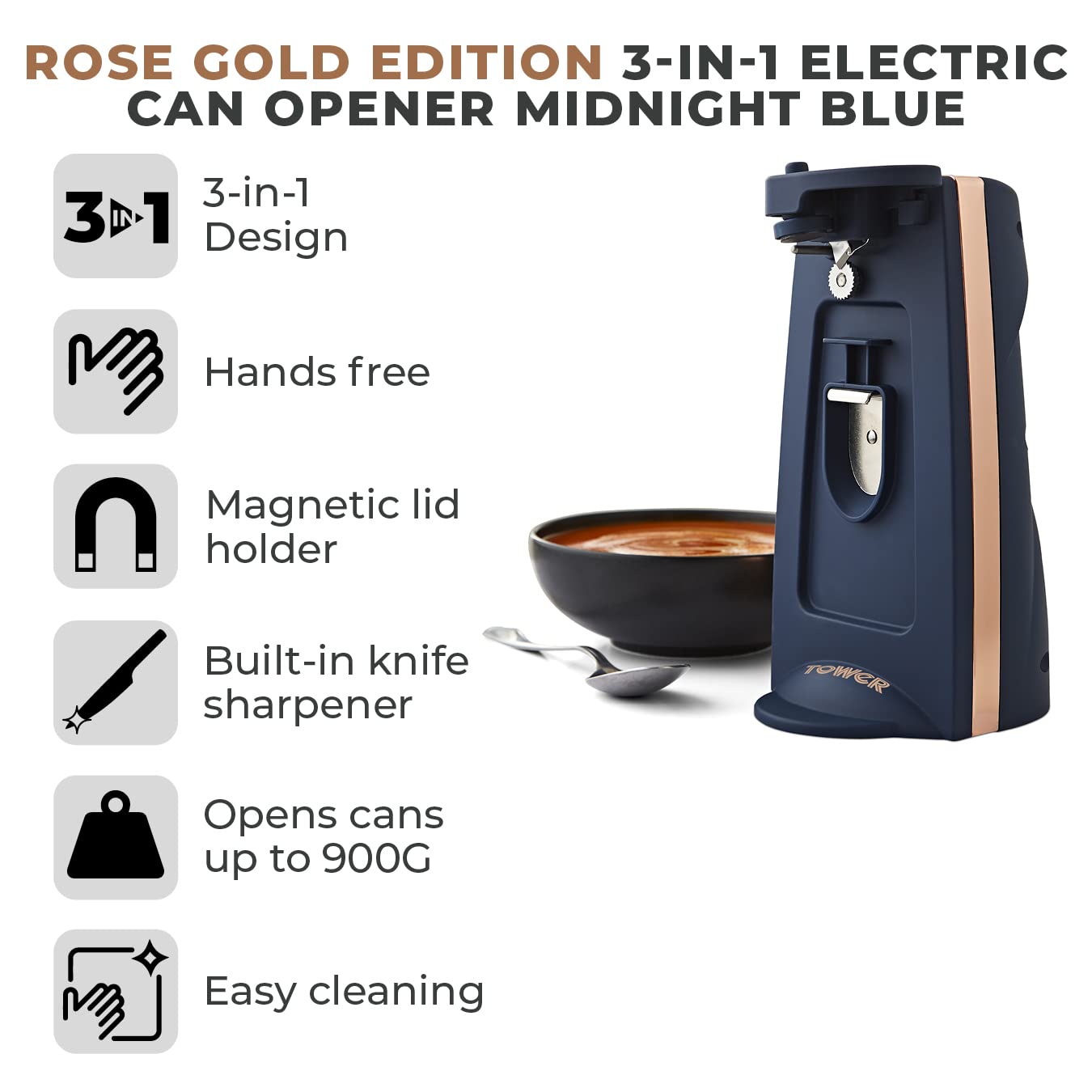 Tower T19007 3-in-1 Electric Can Opener with Knife Sharpener & Bottle Opener, Black