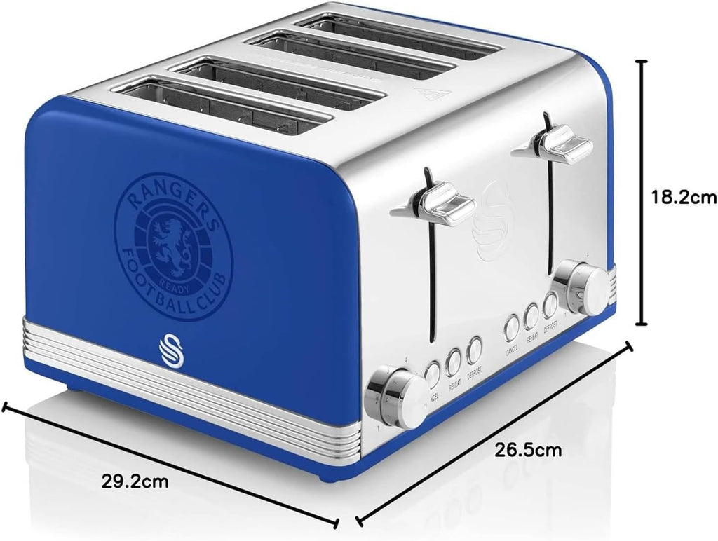 Swan Official Rangers Football Club 4 Slice Retro Toaster, Blue, 1600W, Red Indicator Lights, Defrost and Reheat Settings, Removable Crumb Tray, Cord Storage, Rangers FC Toaster, ST19020RANN