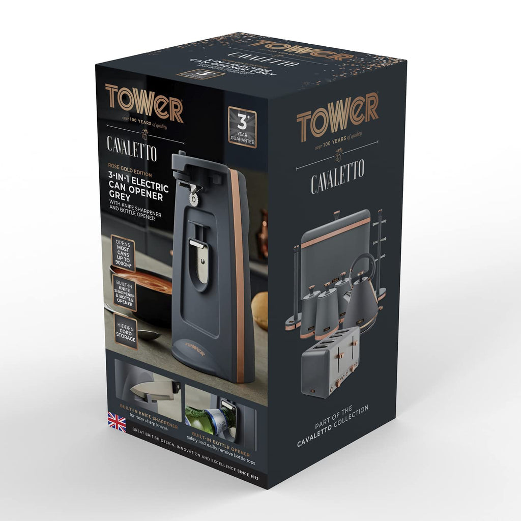 Tower T19007 3-in-1 Electric Can Opener with Knife Sharpener & Bottle Opener, Black