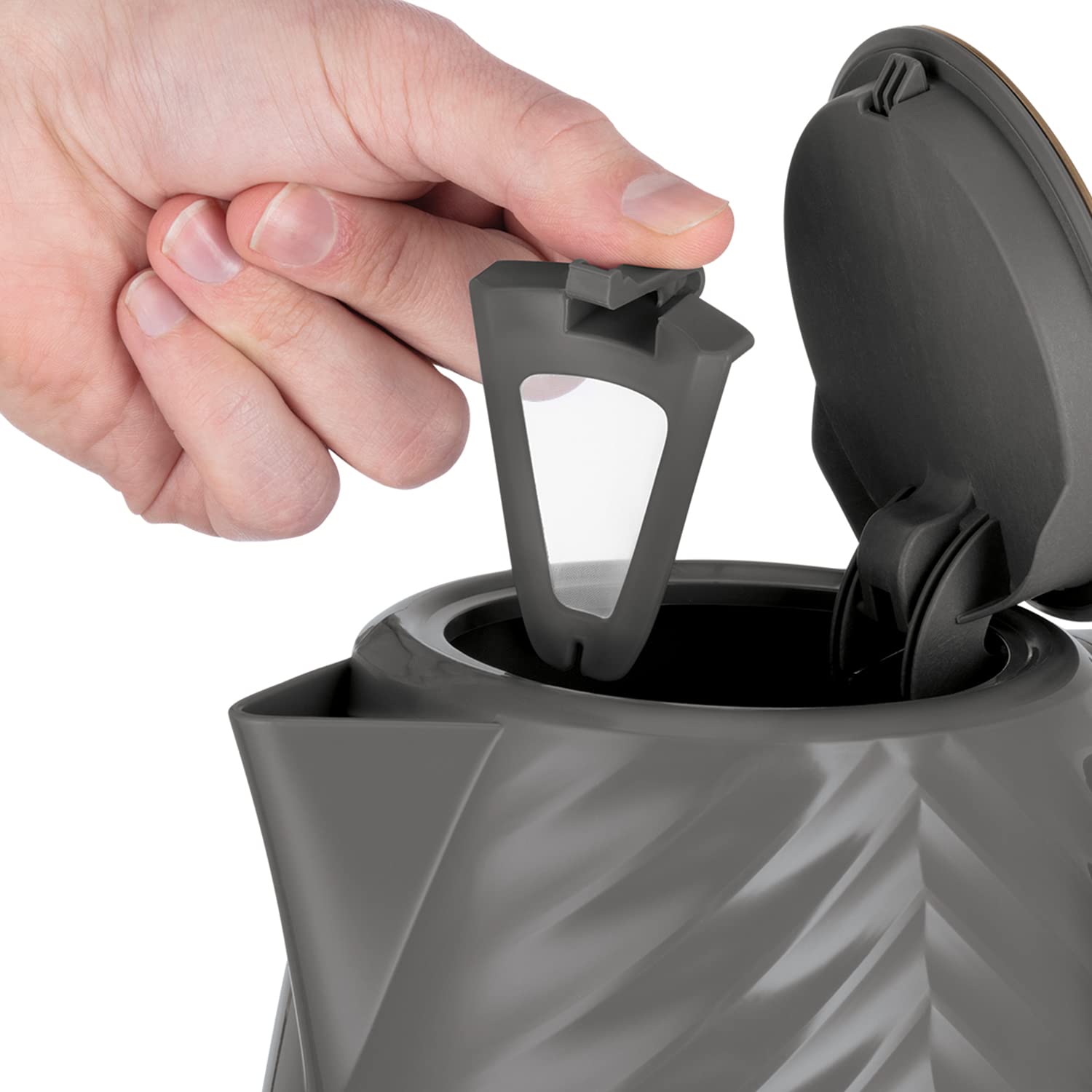 Russell Hobbs Groove Electric 1.7L Cordless Kettle (Fast Boil 3KW, Grey textured plastic with brushed gold accents, Removable washable anti-scale filter, Push to open lid, Perfect pour spout) 26382