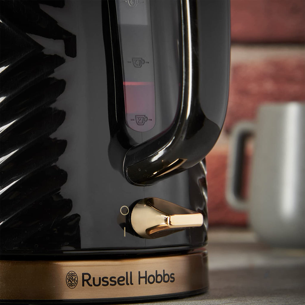 Russell Hobbs Groove Electric 1.7L Cordless Kettle (Fast Boil 3KW, Grey textured plastic with brushed gold accents, Removable washable anti-scale filter, Push to open lid, Perfect pour spout) 26382