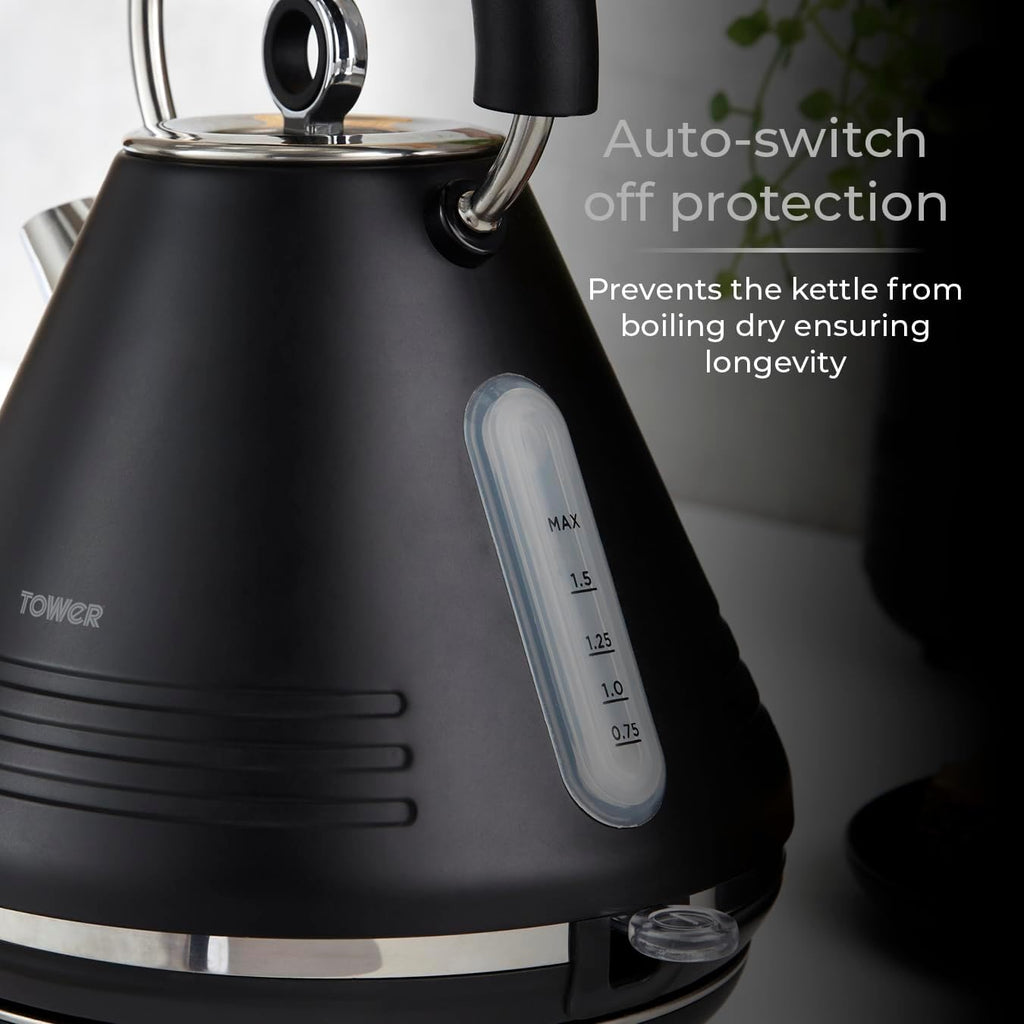 Tower T10074BLK Ash Rapid Boil Pyramid Kettle with Easy Open Lid, Removable Filter, 1.7L, 3KW, Black and Chrome