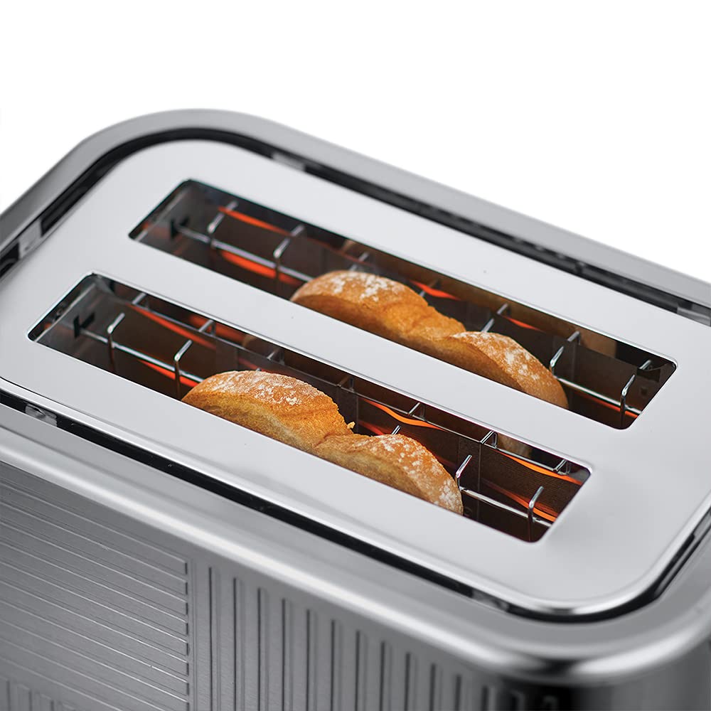 Russell Hobbs 25250 Geo Steel 2 Slice Wide Slot Toaster - Contemporary Design with Faster Toasting Technology, Textured Stainless Steel, Silver