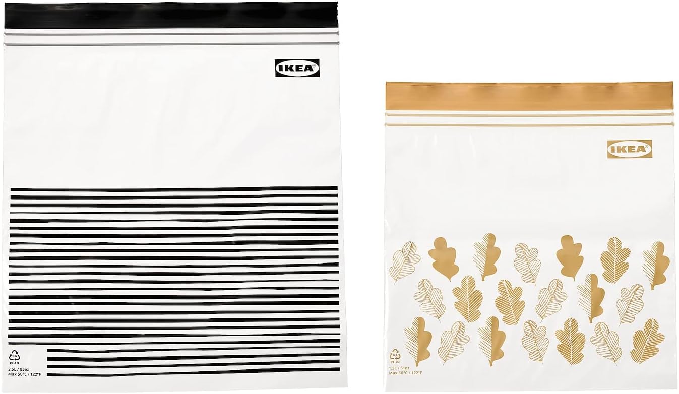 Ikea ISTAD Medium Reusable Food Bags with Double Seal, 1.2 & 2.5 Litres, Black Striped/Yellow Leaf - Set of 100 Bags