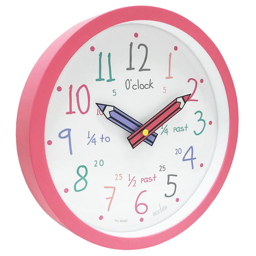 Acctim Alma Teaching Kids Wall Clock Quartz Pencil Hands Quarterly Markers Pink 26cm