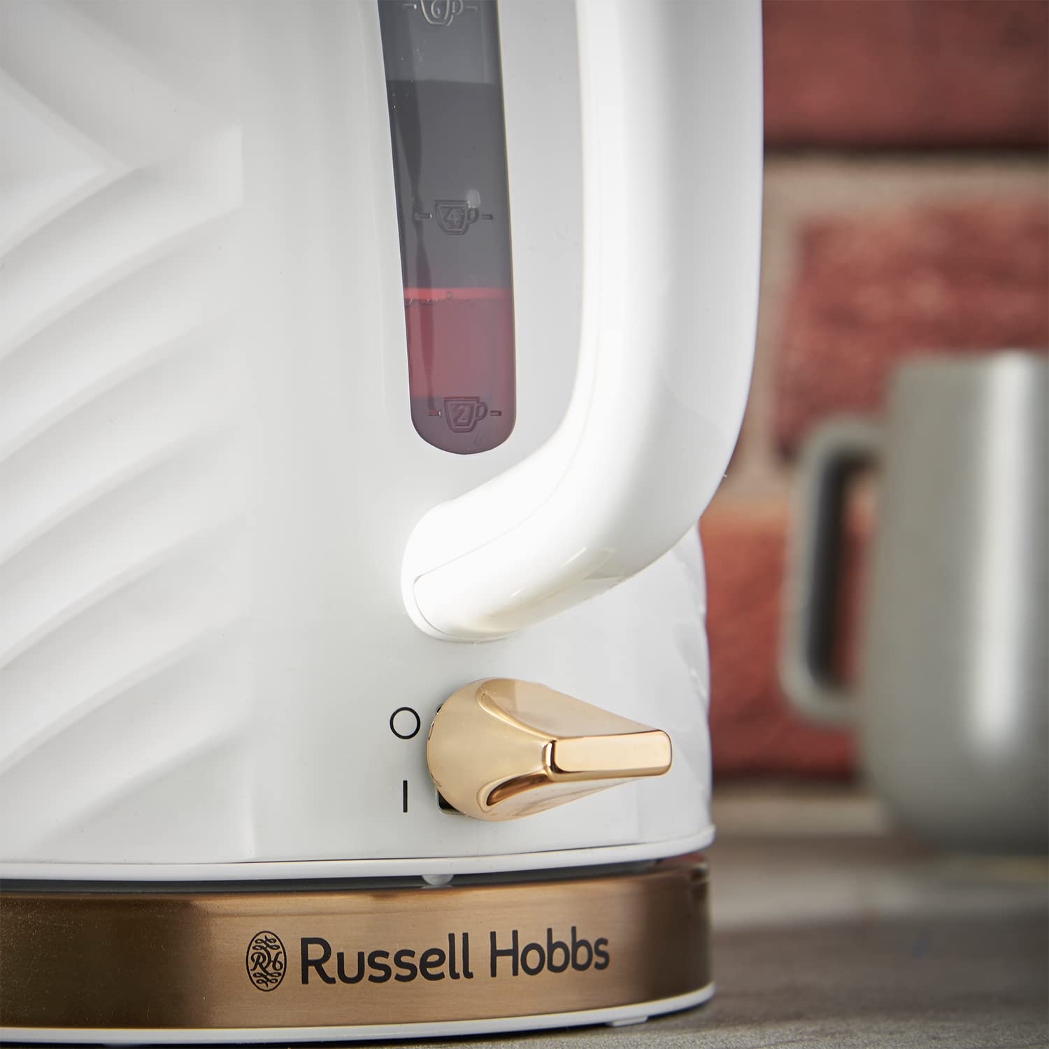 Russell Hobbs Groove Electric 1.7L Cordless Kettle (Fast Boil 3KW, Grey textured plastic with brushed gold accents, Removable washable anti-scale filter, Push to open lid, Perfect pour spout) 26382