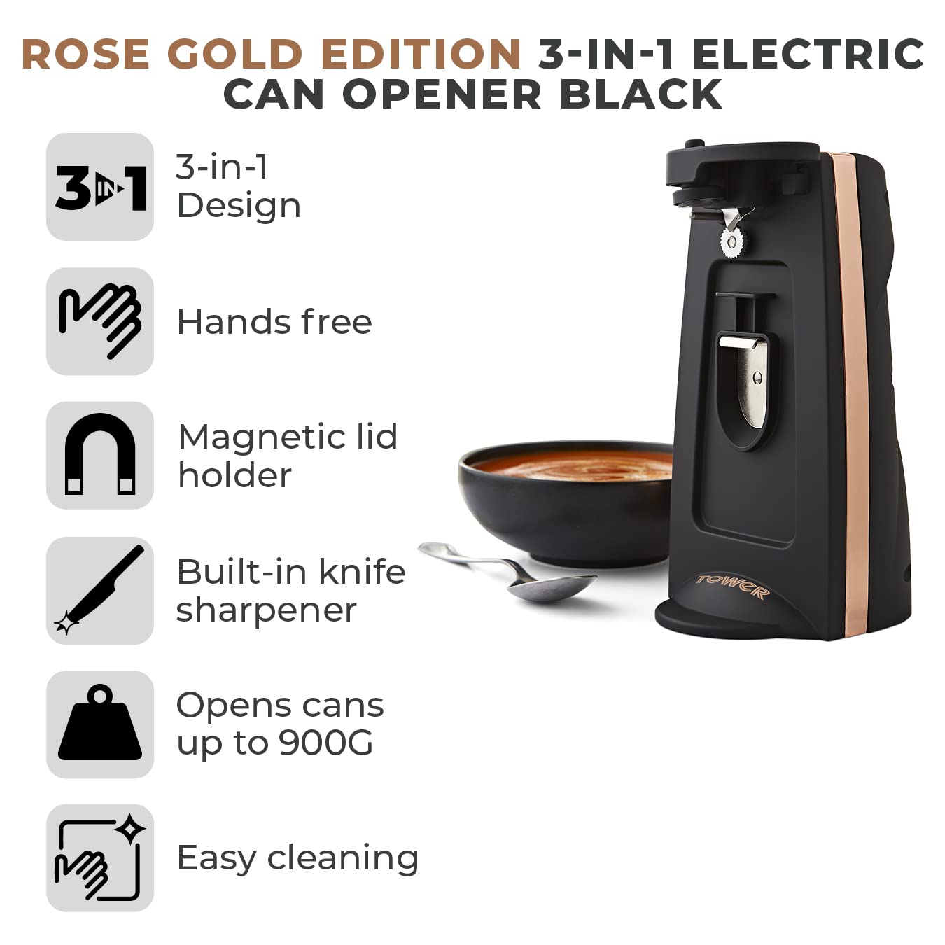 Tower T19007 3-in-1 Electric Can Opener with Knife Sharpener & Bottle Opener, Black