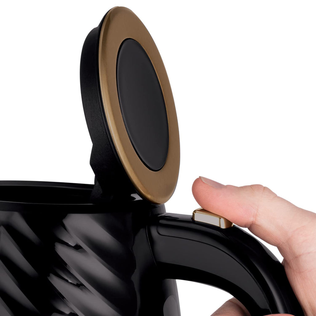 Russell Hobbs Groove Electric 1.7L Cordless Kettle (Fast Boil 3KW, Grey textured plastic with brushed gold accents, Removable washable anti-scale filter, Push to open lid, Perfect pour spout) 26382