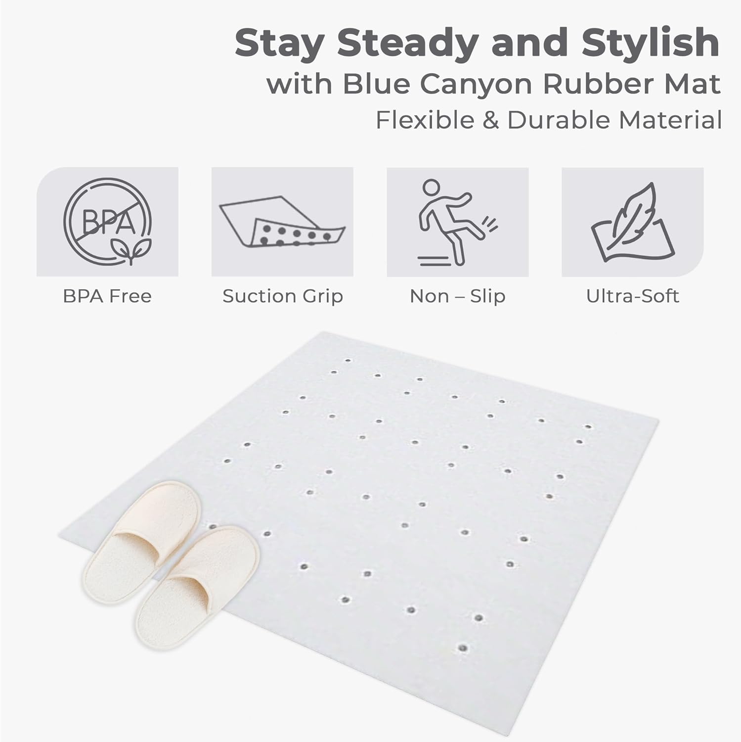 Blue Canyon Nonslip Antibacterial Rubber Shower Mats, Quick Dry Bathmat for Shower with Suction Pads & Drain Holes, Mould Resistant Bathroom Accessory, Durable Bath Rug Runner 53x53 cm – White