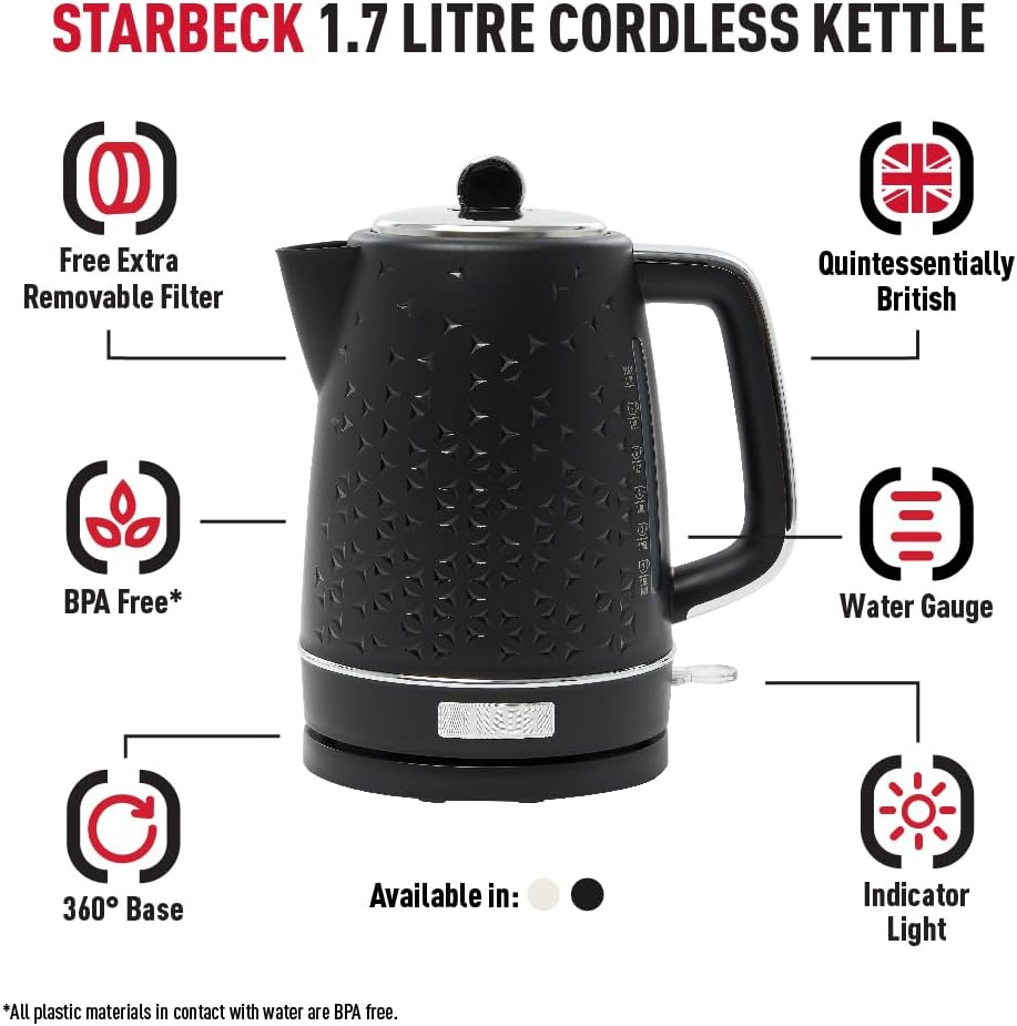 Haden Starbeck White Kettle - 1.7L Fast Boil, Quiet, Cordless Electric Kettle - 3000W, BPA Free, Ergonomic Handle, Energy-Efficient, lightweight - Perfect for Home and Travel