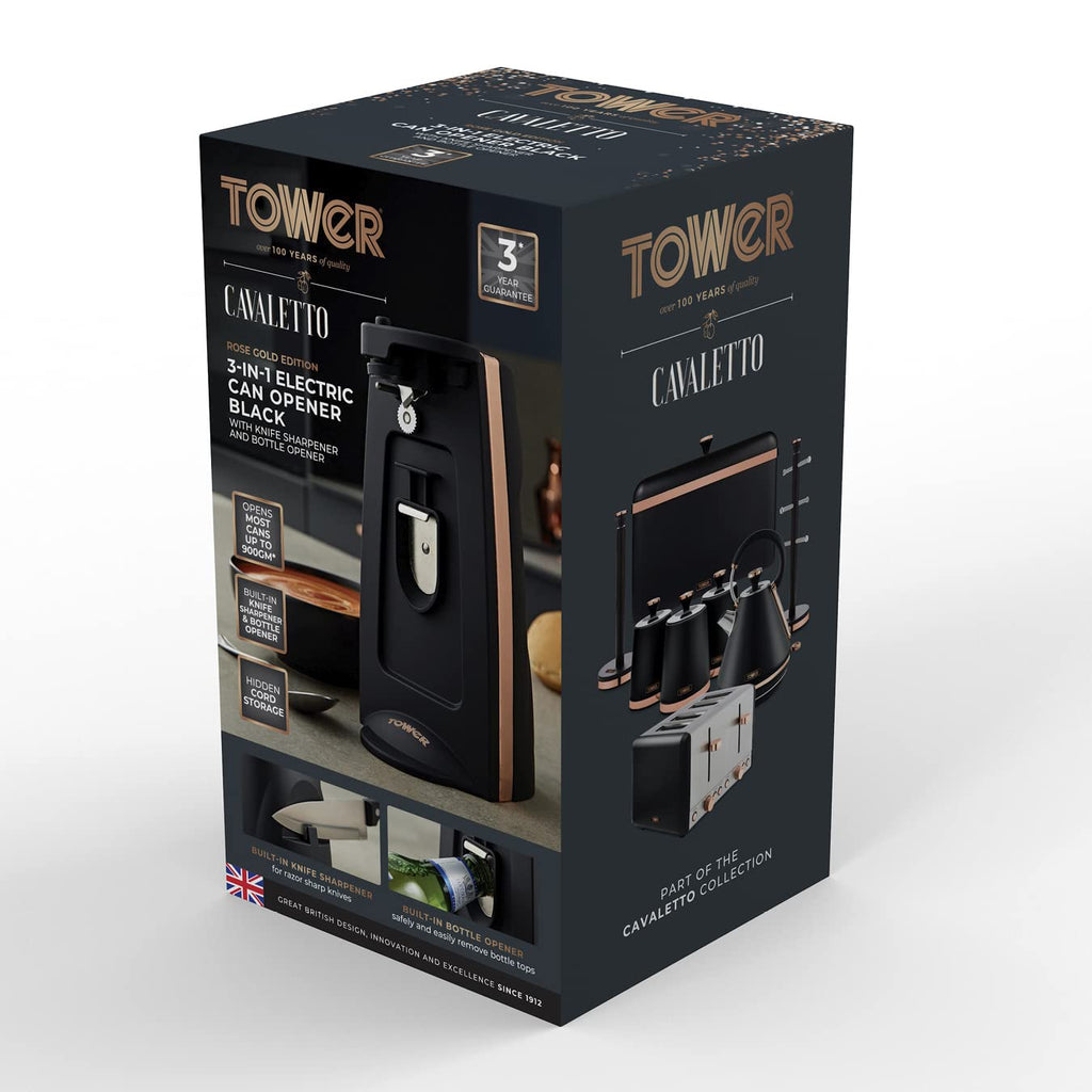 Tower T19007 3-in-1 Electric Can Opener with Knife Sharpener & Bottle Opener, Black