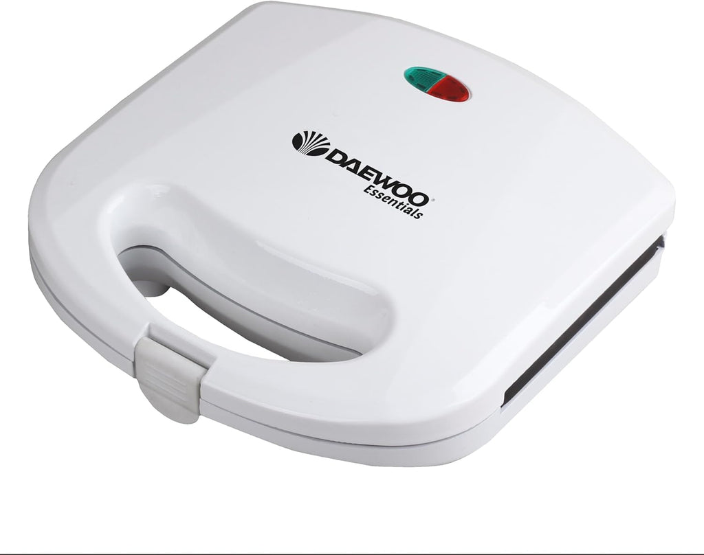Daewoo Essentials 2 Slice Sandwich Toaster Deep Fill, Non-stick Toasting Plates, Built In Handle With Locking Clip, Indicator Light, Non-slip Feet, Easy To Clean, Portable, Lightweight, Compact, White