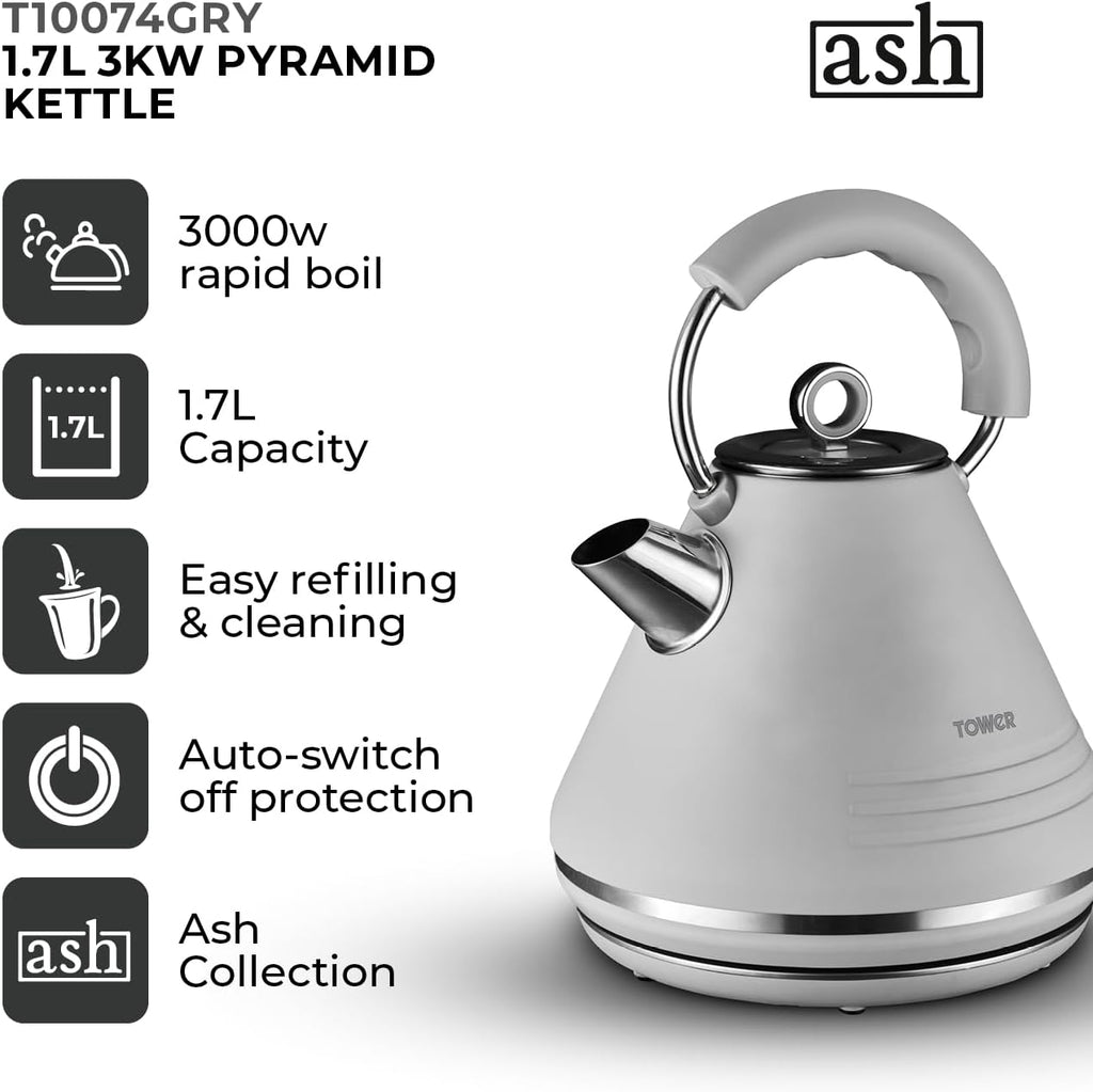 Tower T10074BLK Ash Rapid Boil Pyramid Kettle with Easy Open Lid, Removable Filter, 1.7L, 3KW, Black and Chrome