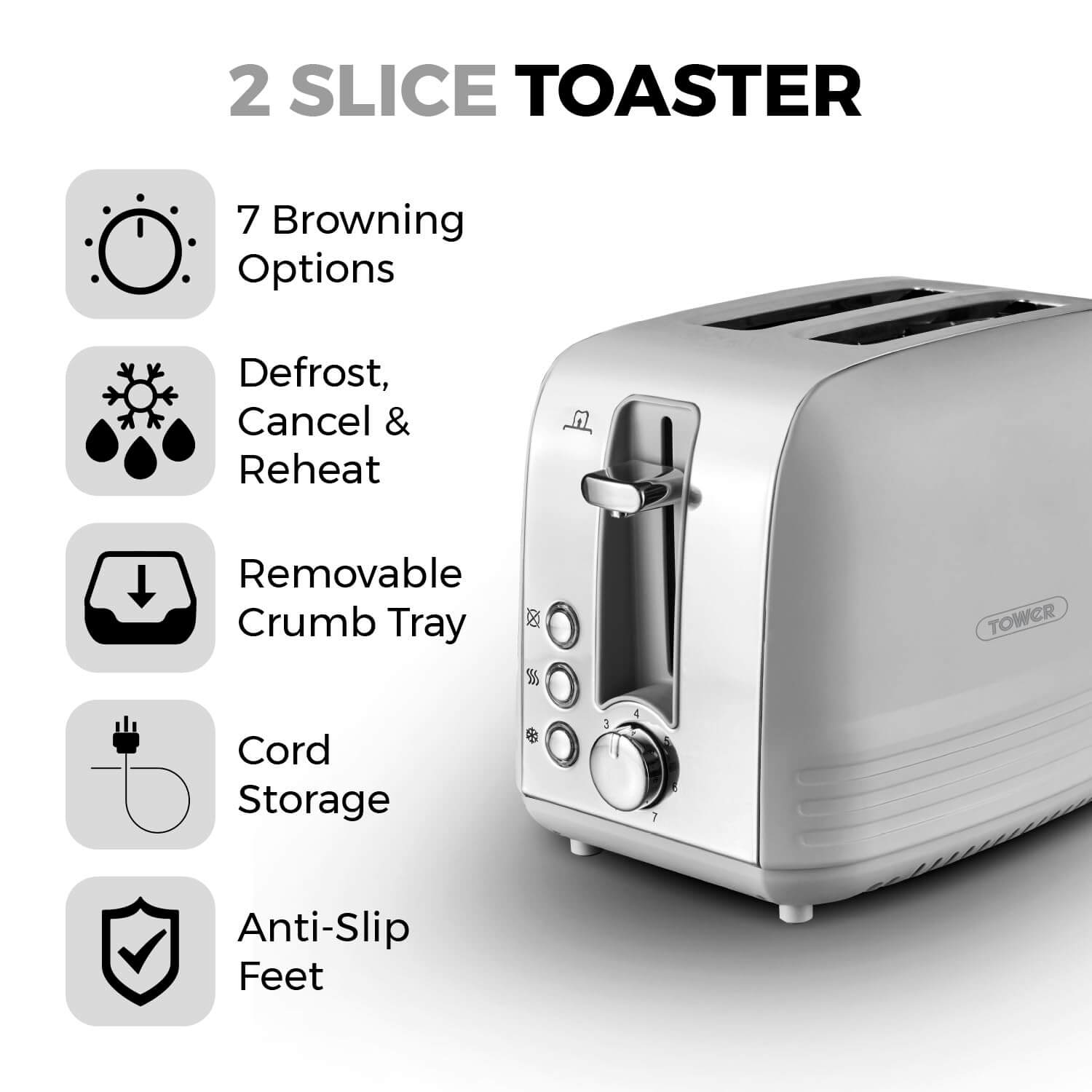 Tower, T20080BLK, Ash 2-Slice Toaster with 7 Browning Levels, Defrost/Reheat/Cancel, 925W, Black & Chrome