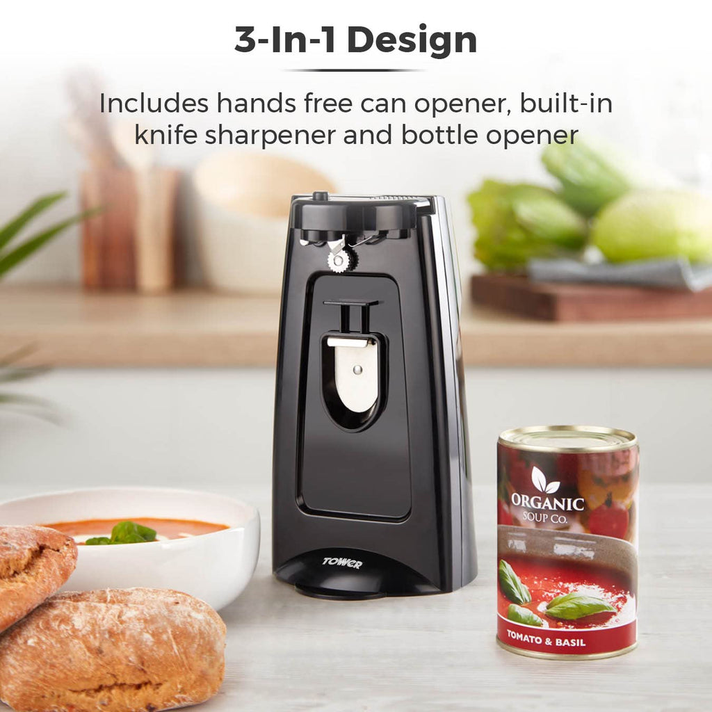 Tower T19007 3-in-1 Electric Can Opener with Knife Sharpener & Bottle Opener, Black