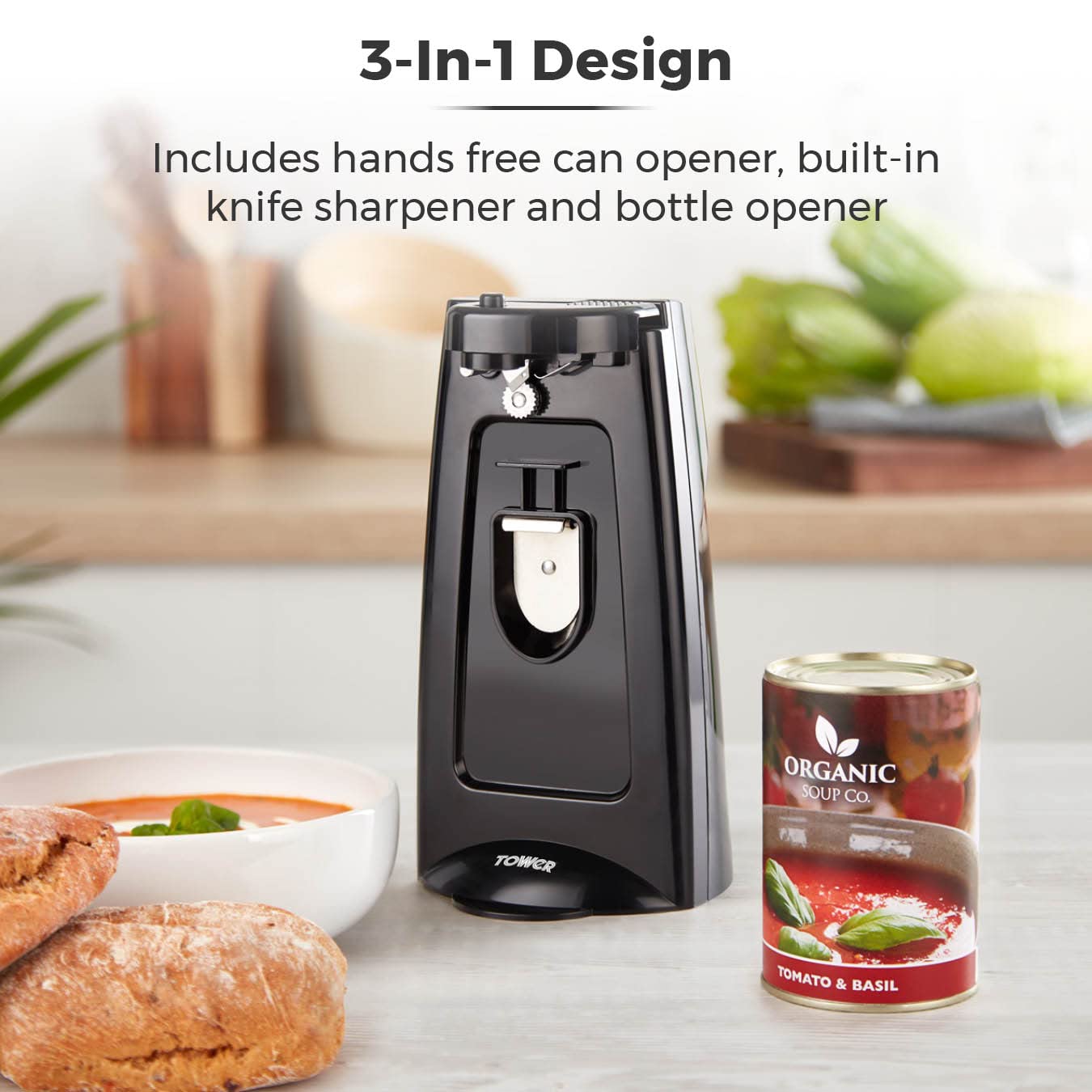Tower T19007 3-in-1 Electric Can Opener with Knife Sharpener & Bottle Opener, Black