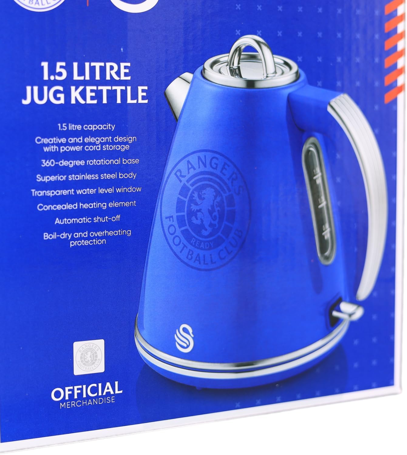 Swan Official Rangers Football Club Retro Jug Kettle, Blue, 3000W, 1.5L Capacity, Rangers FC Kettle, Stainless Steel, Rotational Base, Cord Storage, SK19020RANN