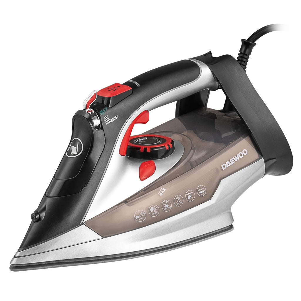 Daewoo Glide Iron, The Ultra Glide, 2600W Steam Iron With Ceramic Soleplate, High Burst Steam And Precision Tip With An Adjustable Temperature Dial And Self Clean Function, Red And Black