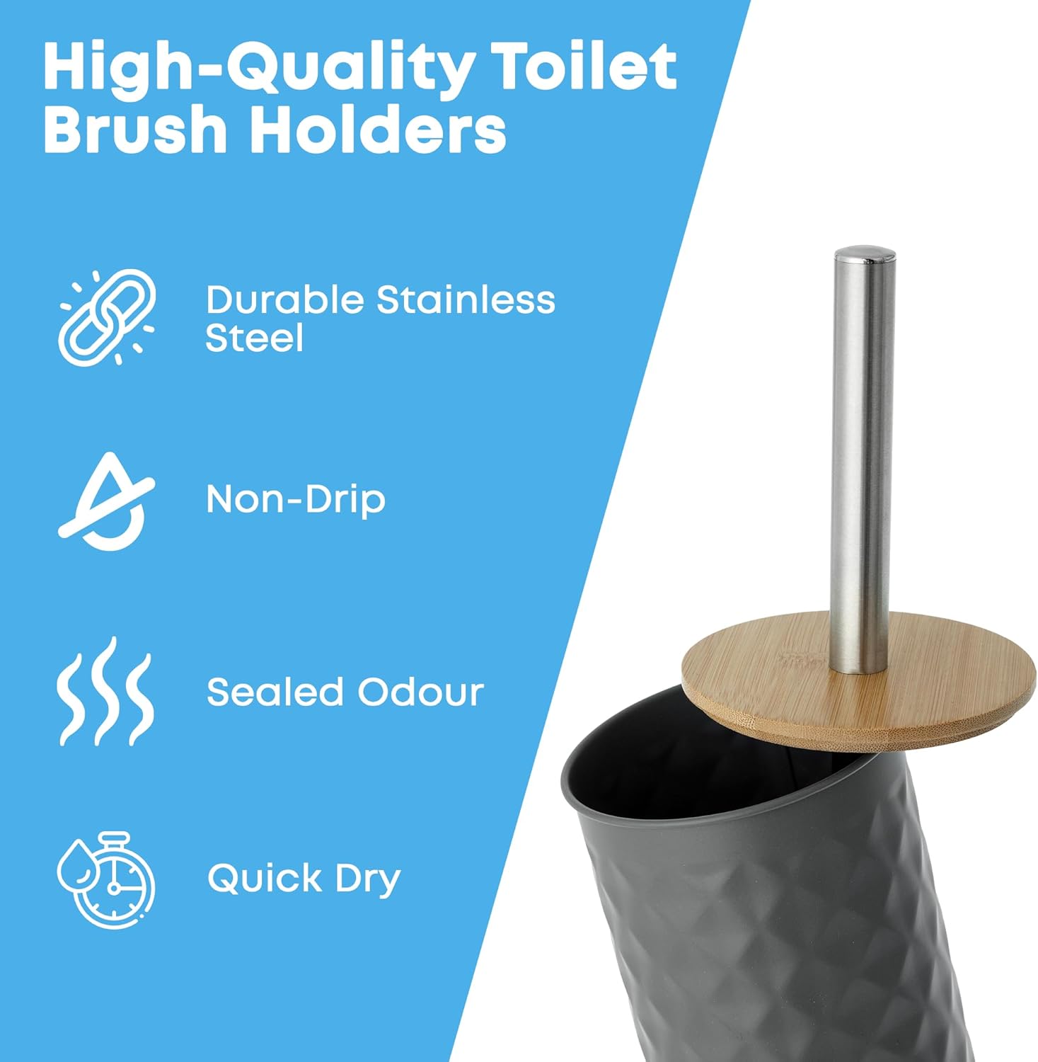 Blue Canyon Toilet Brush & Holder with Bamboo Lid for Bathroom, Flexible Toilet Bowl Stainless Steel Brush Head for Deep Cleaning, Compact Size, Elegant Design with Holder, Grey