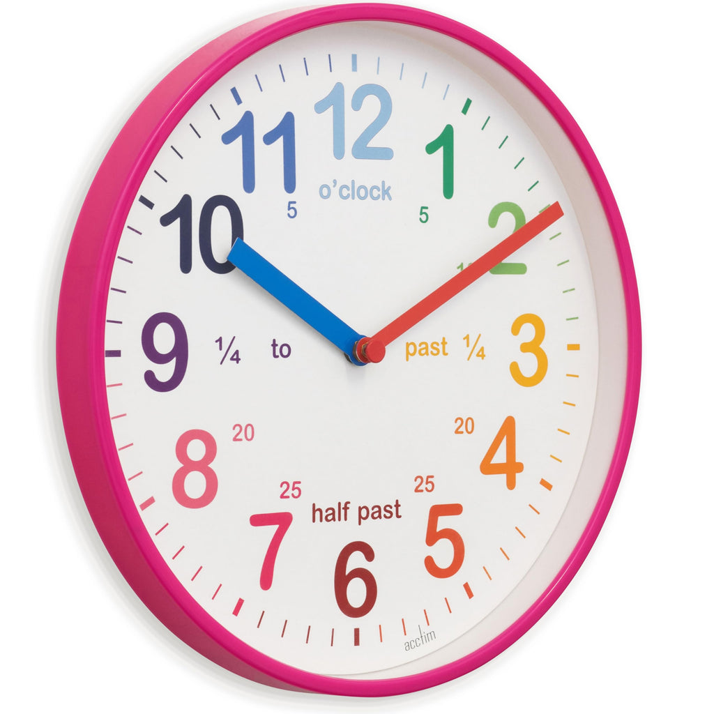 Acctim Wickford Kids Teaching Wall Clock Quartz Rainbow Dial Quarter Markers Pink 20cm 22520