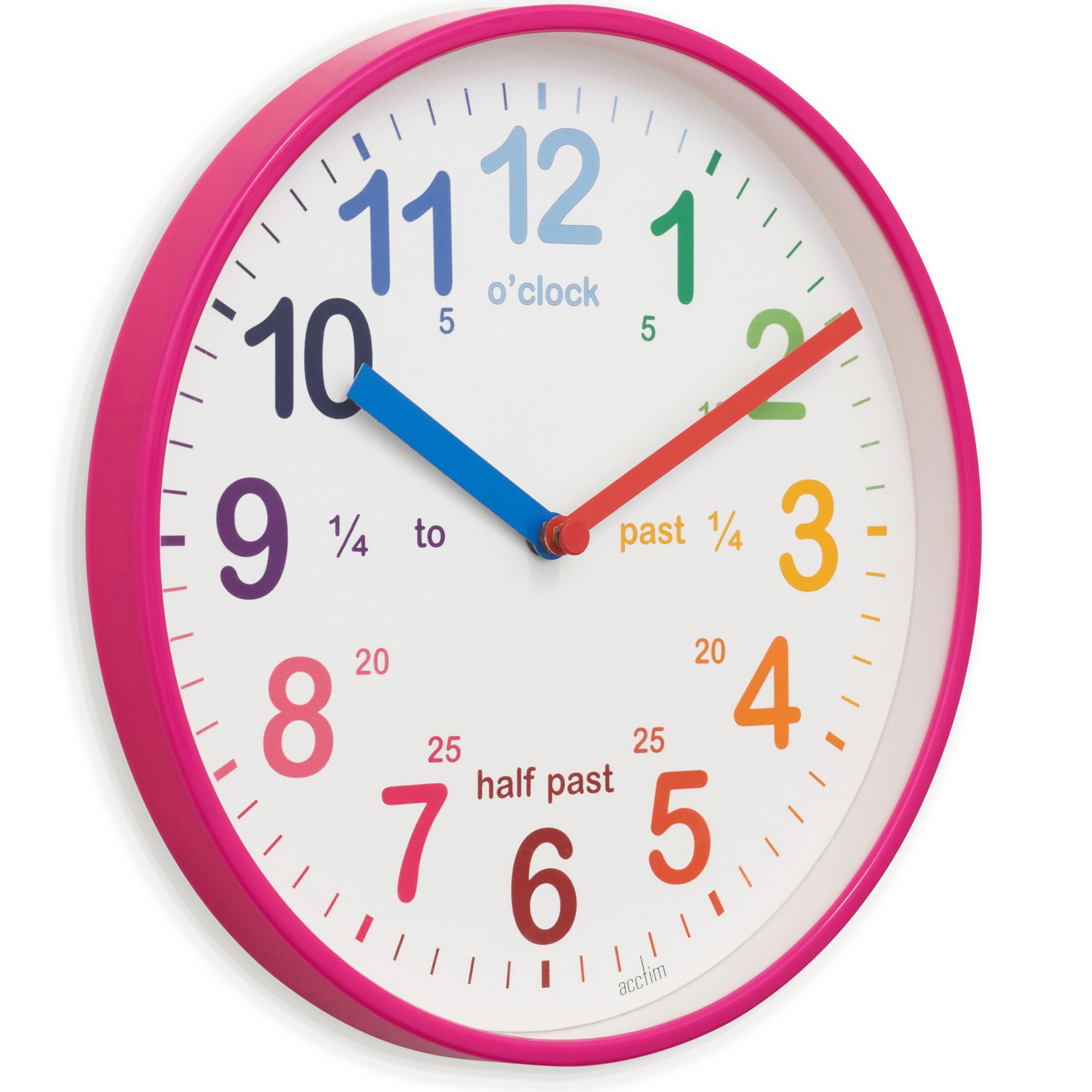 Acctim Wickford Kids Teaching Wall Clock Quartz Rainbow Dial Quarter Markers Pink 20cm 22520