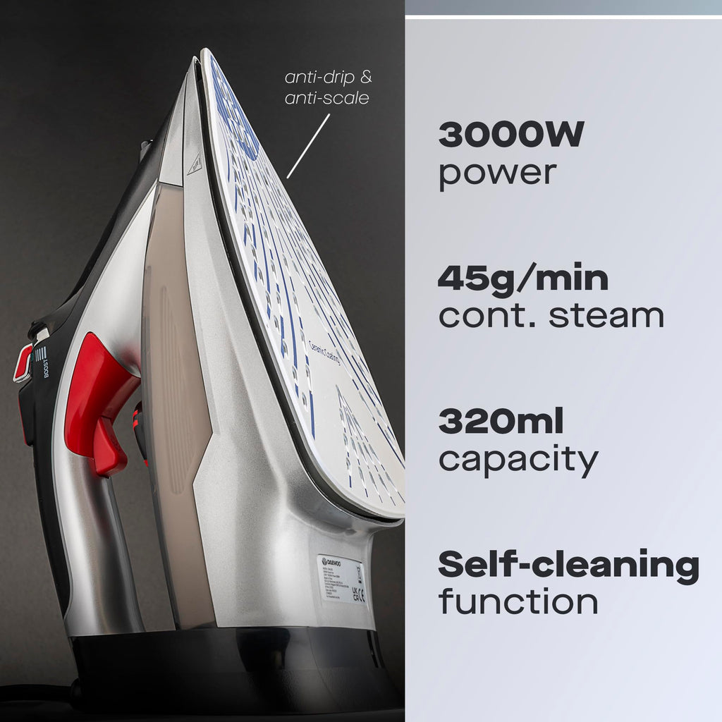 Daewoo Glide Iron, The Ultra Glide, 2600W Steam Iron With Ceramic Soleplate, High Burst Steam And Precision Tip With An Adjustable Temperature Dial And Self Clean Function, Red And Black